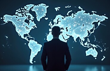Poster - rear view of man in suit looks at world map on screen. digital global network, connection, worldwide