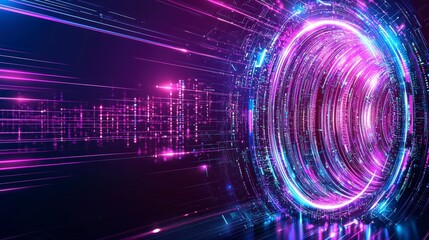 Poster - bright, swirling portal of neon lights and digital patterns, creating a futuristic and immersive vis