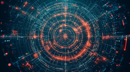 Poster - abstract digital pattern with glowing lights in concentric circles, creating a futuristic and tech-i