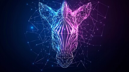 Poster - Digital artwork of a zebra head composed of glowing particles in blue and pink hues, set against a dark background.