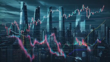Poster - City skyline with financial charts illustrating stock trends during twilight hours