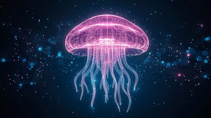 Poster - A glowing, digital jellyfish floats against a dark background, surrounded by shimmering particles of light, creating a mesmerizing underwater effect.