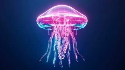 Poster - A vibrant, glowing jellyfish with neon colors swimming against a dark background, showcasing bioluminescence in a digital art style.