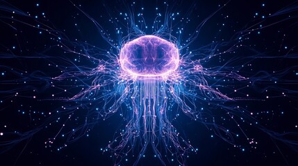 Poster - A vibrant, abstract representation of a jellyfish emanating electric blue light against a dark background.