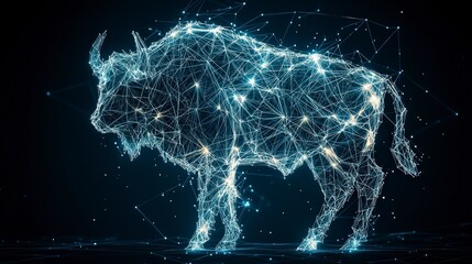 Poster - Digital representation of a bison composed of glowing particles against a dark background, symbolizing technology and nature.