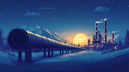 Night industrial landscape with pipeline and snowy mountains.