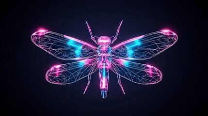 Poster - A vibrant, digital representation of a dragonfly with neon blue and pink colors against a dark background.