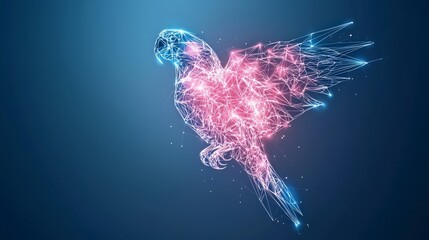 Poster - A colorful, digital representation of a parrot, appearing as if made from glowing particles, set against a blue background.