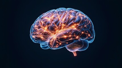 Poster - A glowing, digital representation of a brain, showcasing interconnected neural pathways illuminated with vibrant colors against a dark background.