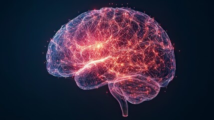 Poster - A digitally rendered brain illuminated with vibrant particles and lights on a dark background, representing neural connections and intelligence.