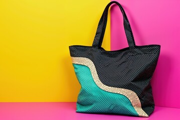Poster - Large tote bag with black polka dots and turquoise and beige wave pattern on pink and yellow background