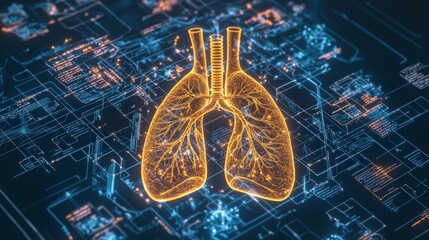 Poster - Digital illustration of glowing lungs over a futuristic data landscape, symbolizing health, technology, and medical innovation.