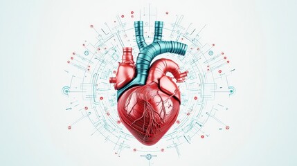 Poster - Illustration of a human heart surrounded by decorative elements, showcasing anatomical details in vibrant colors.