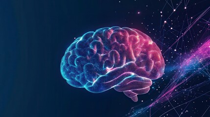 Poster - digital illustration of a glowing brain in vibrant blue and pink colors, symbolizing creativity, int