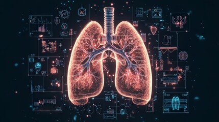 Poster - Digital illustration of glowing lungs on a dark background, showcasing intricate details and data visualizations related to respiratory health.