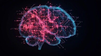Poster - Digital brain illustration with vibrant blue and pink connections, symbolizing technology and neural networks against a dark background.