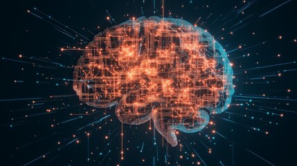 Poster - digital representation of a brain with glowing circuits, illustrating concepts of technology, innova