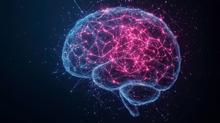 Poster - Abstract representation of a glowing brain composed of digital particles in pink and blue tones on a dark background.