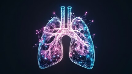 Poster - Digital illustration of colorful, glowing lungs with intricate branching patterns against a dark background.