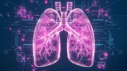 Poster - Digital illustration of glowing, interconnected lungs with a vibrant pink hue against a dark background, symbolizing respiratory health and technology.