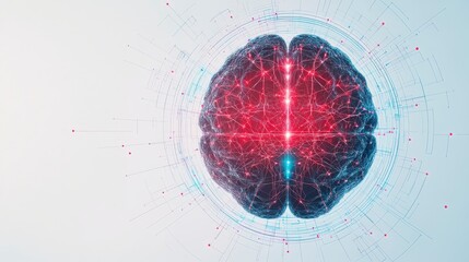 Poster - Digital illustration of a glowing brain made of particles, symbolizing intelligence, technology, and neuroscience.