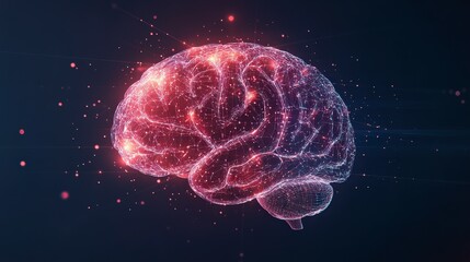 Poster - A digital representation of a glowing brain made of interconnected particles and lights, symbolizing intelligence and technology.