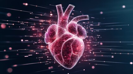 Poster - A digital heart composed of glowing particles, representing health, vitality, and technology in a futuristic style.