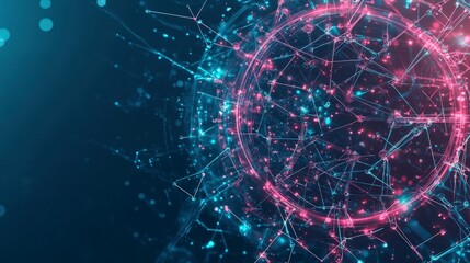 Poster - abstract digital network with glowing nodes and connections in vibrant pink and blue colors against 