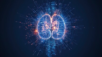 Poster - Digital illustration of a glowing brain made of lights and circuitry, symbolizing technology and intelligence.