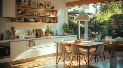 Aufkleber - Sunlight floods a stylish kitchen adorned with minimalist decor and lush plants. A cozy dining table invites gatherings and laughter in this serene home environment