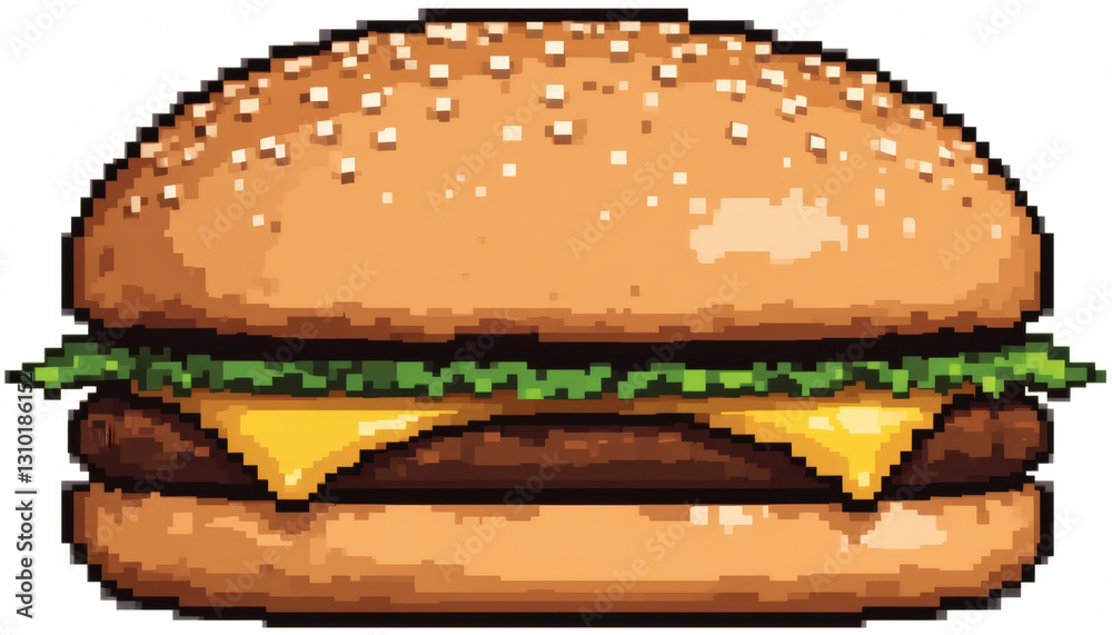 8-bit pixel hamburger bun with textured details, blocky shape, isolated ...