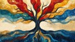 © ProPhotos - A vivid abstract oil painting depicting a tree, with its roots and branches spreading across the canvas in chaotic and energetic lines.
