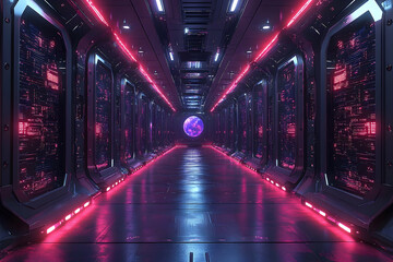 Poster - Futuristic Corridor, Neon Glow, Interior, Space