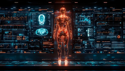 Poster - Futuristic Human Figure with Data Screens