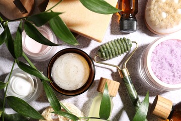 Wall Mural - flat lay composition with different body care products on light textured table