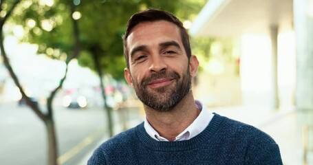 Poster - Business man, face and smile in city for commute, travel and outdoor with confidence in road. Professional person, happy and pride in portrait on urban sidewalk for career, job and excited in Italy