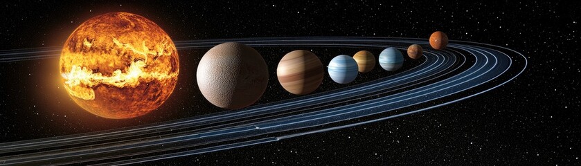 Wall Mural - Solar System Planets Align on Orbiting Paths Against a Starry Backdrop