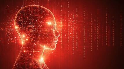 Poster - digital head profile, red data stream background, ai concept