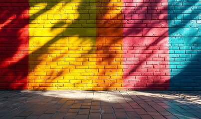 Poster - Vibrant brick wall with multicolored blocks and natural shadows creating modern artistic patterns