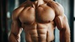 © elena - Sportsman with good abs, six pack. Perfect abs, shoulders, and chest. Closeup torso. Ab. Muscular torso and ripped abs. Sexy male muscular body. Torso with six pack abs closeup