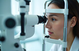 Woman checks vision through optometrist equipment in optical clinic. Eye exam, eyesight check up in ophtalmology office. Health care, dioptre measurement, equipment precision. Patient stare,