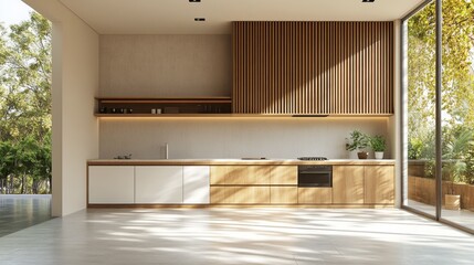 Poster - Bright sunlight fills the minimalist kitchen, where sleek cabinetry meets natural wood accents. Lush greenery is visible outside, enhancing the serene atmosphere of this elegant cooking space