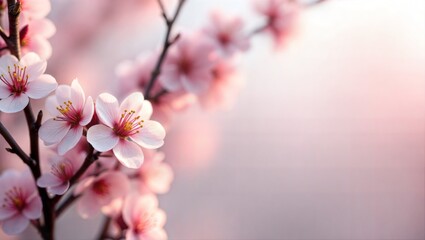 Delicate pink cherry blossoms on a branch against a soft, dreamy background. A beautiful symbol of spring.
