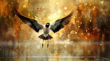  A bird with its wings spread wide, soaring against a vibrant, golden abstract background. The scene is serene and full of light.