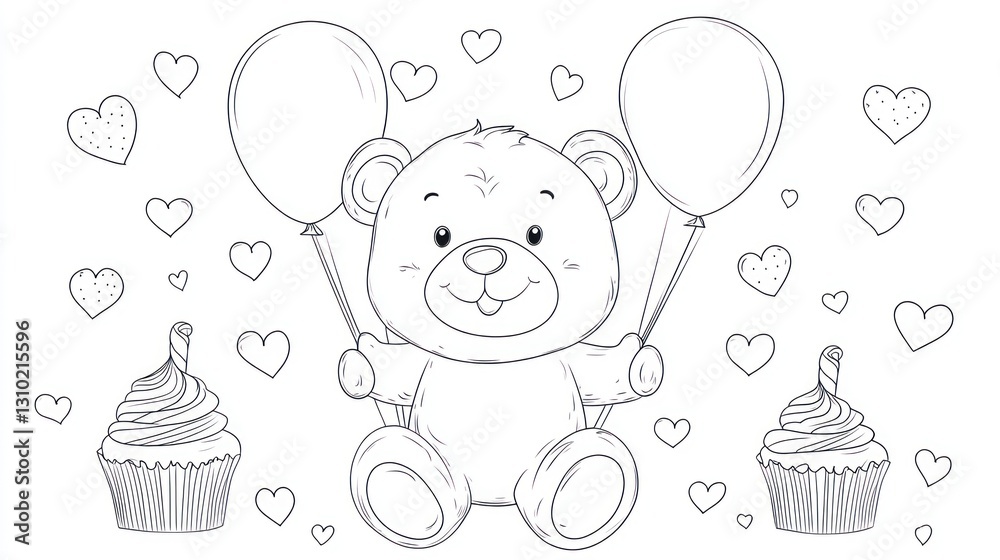 Cute teddy bear with balloons and cupcakes, coloring page, kids' party ...