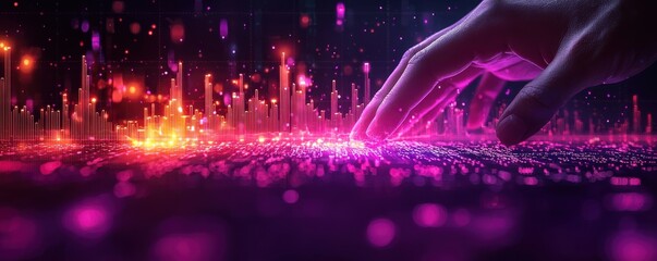 Poster - Hand Interacting with Vibrant Data Visualization in Futuristic Purple Tones
