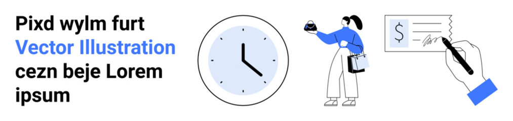 Poster - Clock symbolizing time, person handling tasks, and hand signing paper. Ideal for time management, productivity, business workflow, deadlines, employee tasks, efficiency flat landing page banner