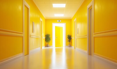 Poster - Vibrant yellow hallway with open door and potted plants inviting interior design