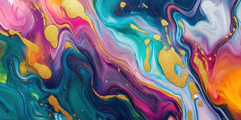 Poster - Fluid art design swirls vibrant colors with gold accents, a dynamic abstract background , 32k Resolution