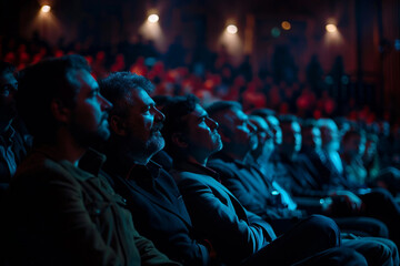 Poster - performer standing in front of a crowded audience in a theater generative ai